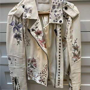 Blank NYC Cream Floral Embroidered Leather Jacket